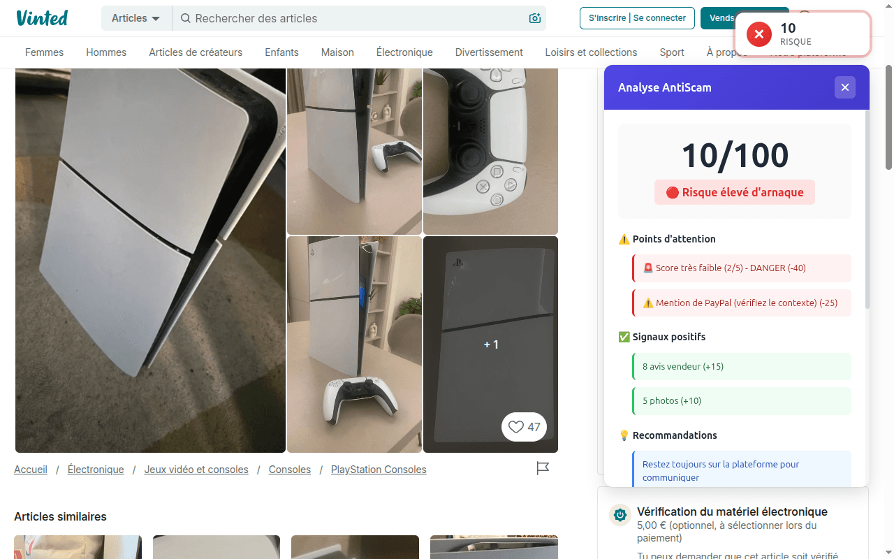 AntiScam Detector - Détail de l'analyse avec signaux d'alerte