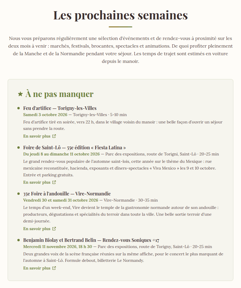 Agenda du Manoir du Butel, mis à jour automatiquement chaque mois